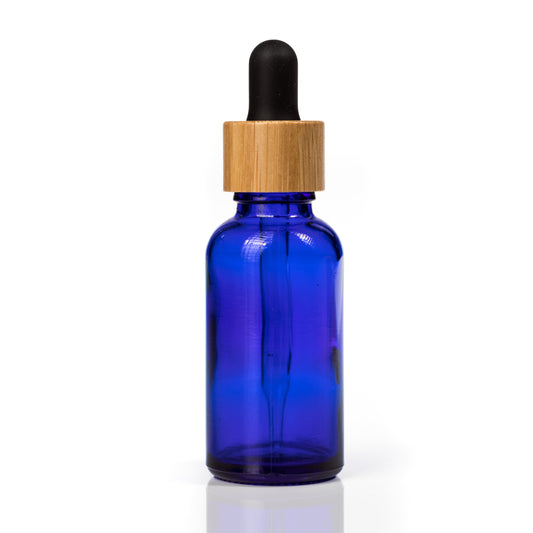 30ml Blue Glass Bottle with Bamboo Dropper Black Rubber Euro