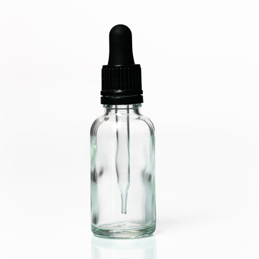 Euro 30ml Clear Glass Tamper Dropper Bottle Black Lid