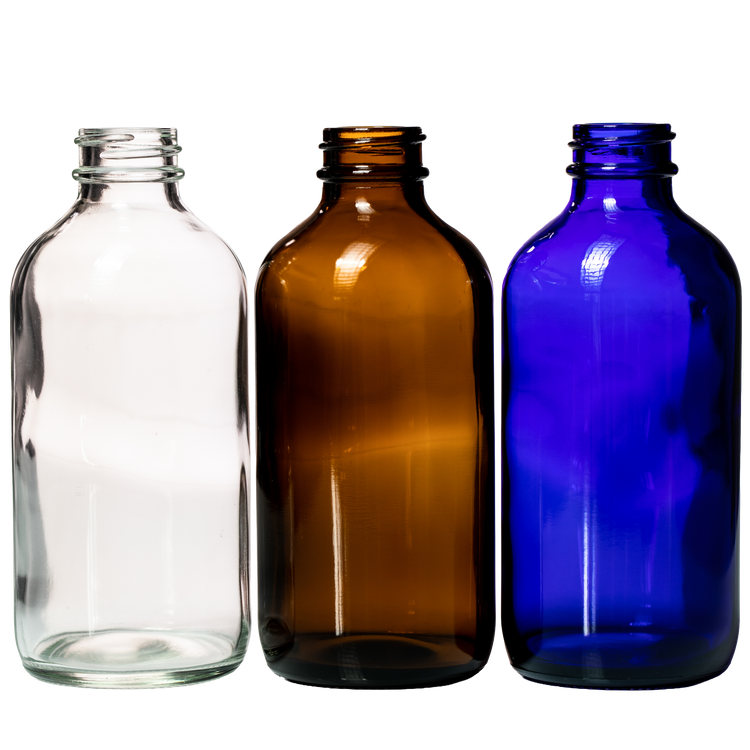 250ml amber, clear and blue Boston round bottles