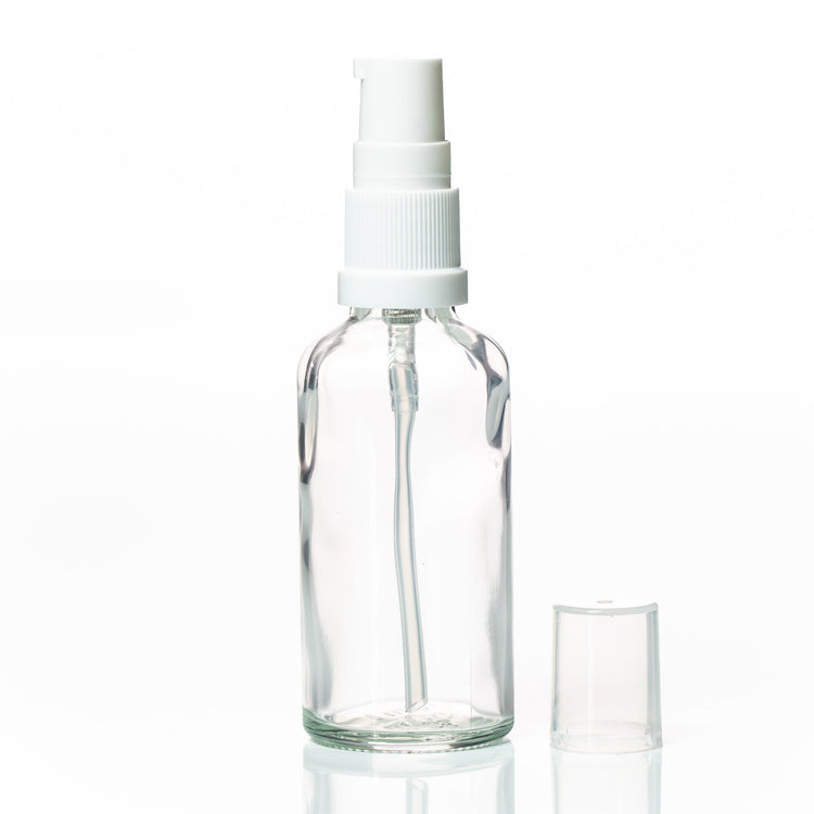 50ml Clear glass bottle with white serum pump