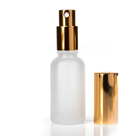 30ml Frosted Glass Bottle with Aluminium Gold Spray Cap Euro