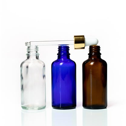 50ml Blue Amber Clear Glass Bottle Group Shot Gold Dropper on Top Euro
