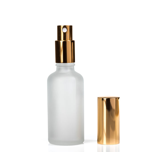 50ml Frosted Glass Bottle with Aluminium Gold Spray Top Euro