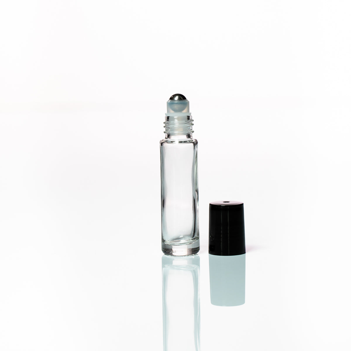 Petra 10ml Clear Glass Bottle with Rollerball with Black Lid to Side