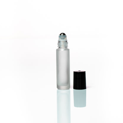 Petra 10ml Frosted Glass Bottle with Rollerball with Black Lid to Side