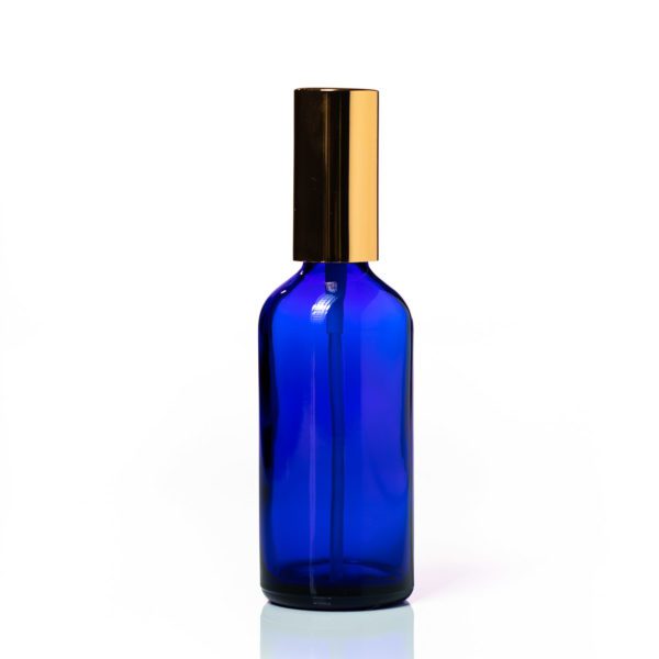 Euro 100ml Blue Glass Bottle with Aluminium Gold Spray Cap Assembly - Image 2