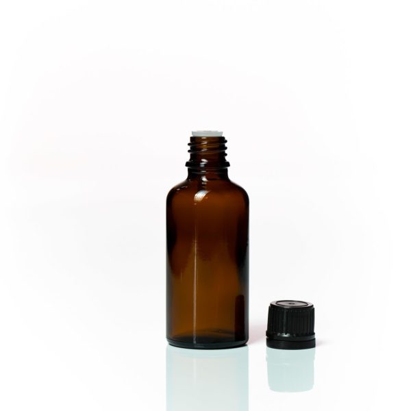 Euro 50ml Amber Bottle with Orifice Reducer and Black Cap - Image 2