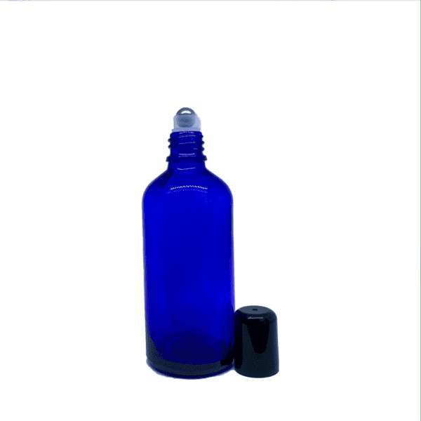 Euro 100ml Blue Glass Bottle with Roller Ball And Black Cap