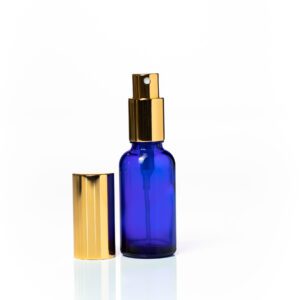 Euro 30ml Blue Glass Bottle with Aluminium Gold Spray Cap Assembly