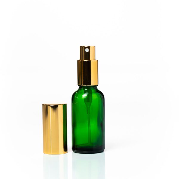 Euro 30ml Green Glass Bottle with Aluminium Gold Spray Cap Assembly