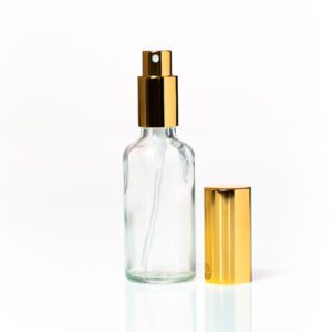 Euro 50ml Clear Glass Bottle with Aluminium Gold Spray Cap Assembly