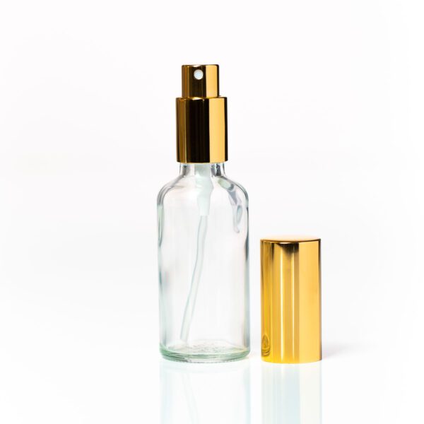 Euro 50ml Clear Glass Bottle with Aluminium Gold Spray Cap Assembly
