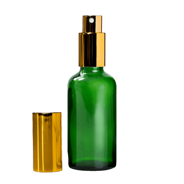 Euro 50ml Green Glass Bottle with Aluminium Gold Spray Cap Assembly